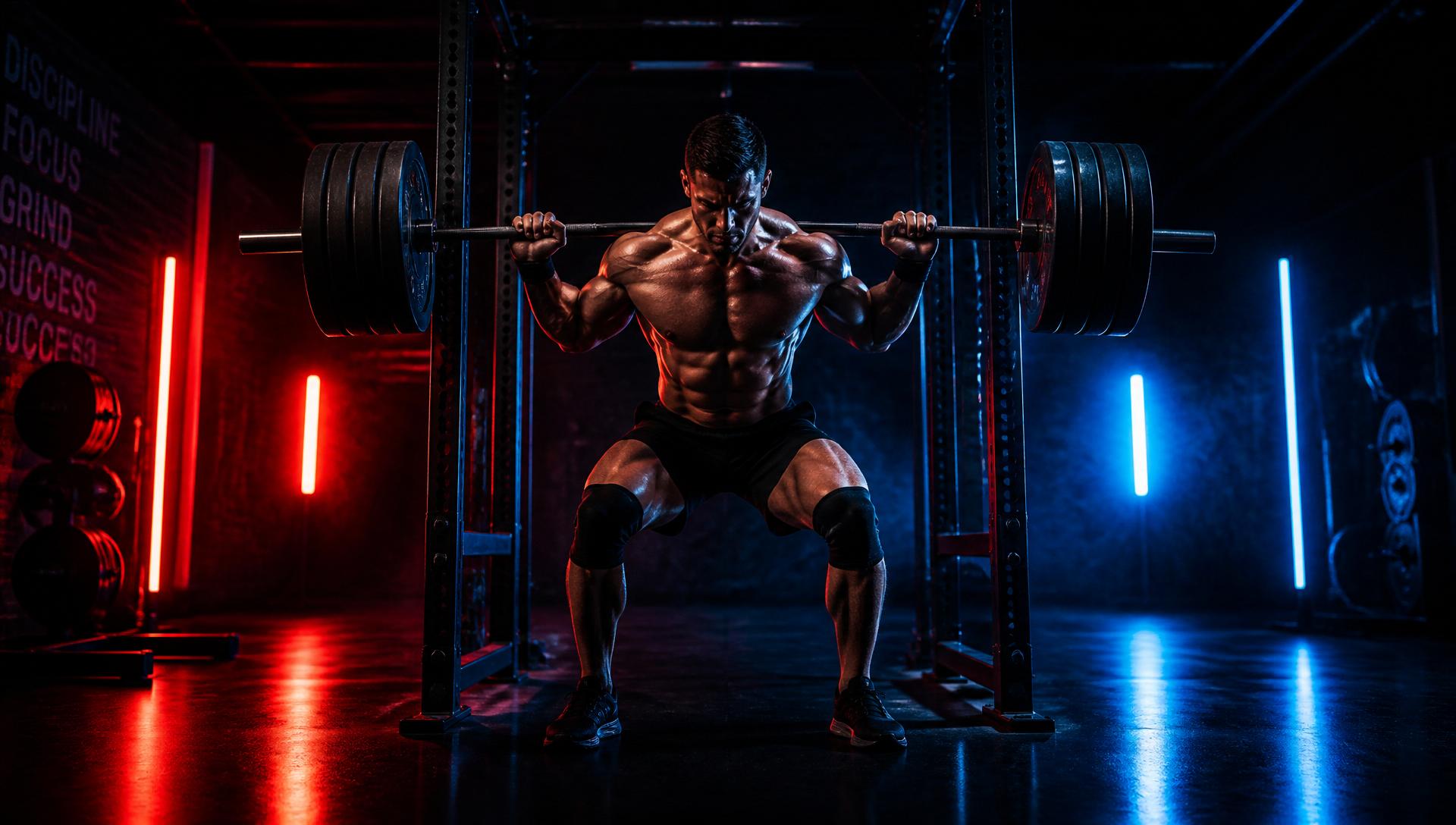 Athlete lifting a barbell in a dark gym